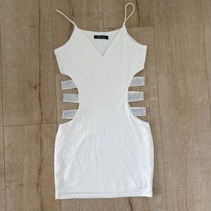 Party sexy white cut out dress, spaghetti straps, with shiny crystals on waist s